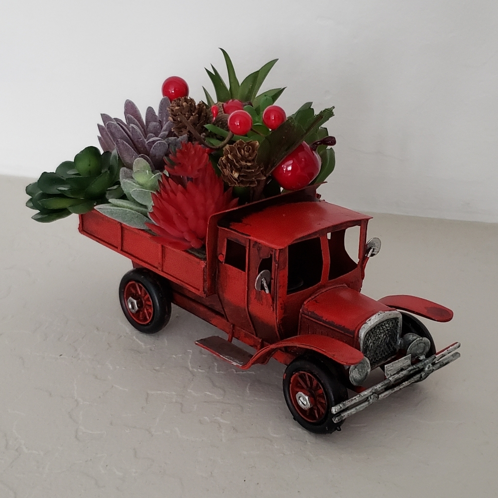 Vintage Reproduction Primitive Style Red Pickup Truck With Fake Succulents